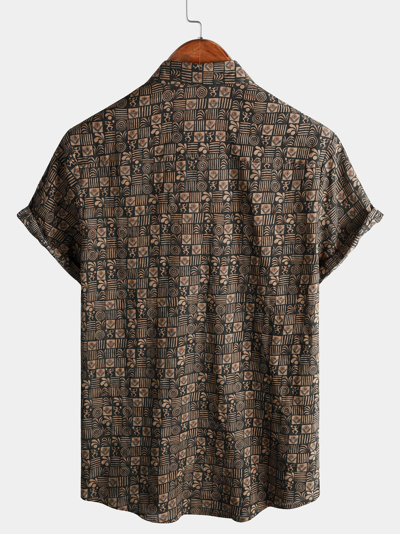 Men's Vintage Print Cotton Button Up Summer Western Brown Beach Short Sleeve Shirt