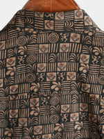 Men's Vintage Print Cotton Button Up Summer Western Brown Beach Short Sleeve Shirt