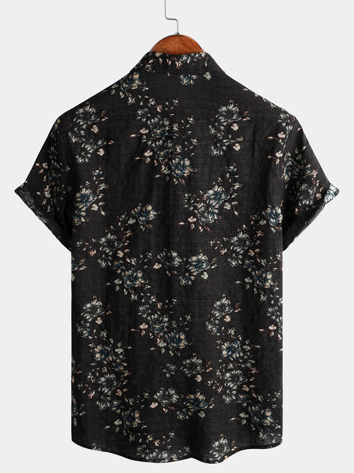 Men's Floral Cotton Short Sleeve Button Up Black Hawaiian Holiday Shirt