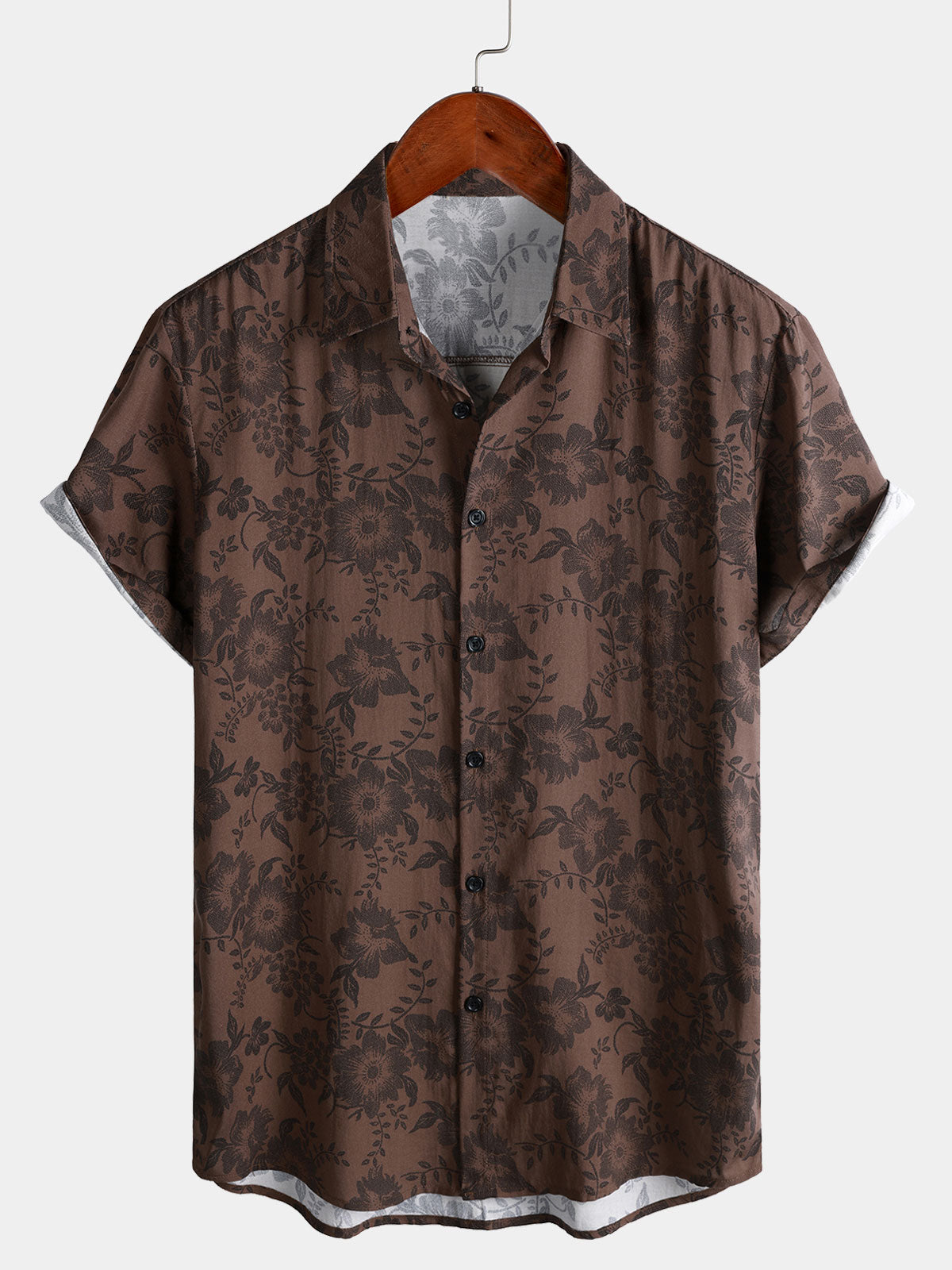 Men's Retro Brown Floral Holiday Wear Short Sleeve Shirt