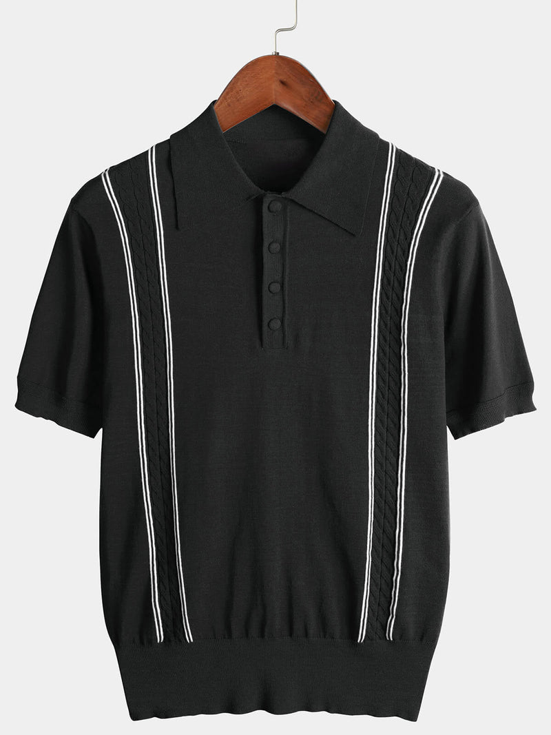 Men's Knit Casual Vintage Short Sleeve Striped Golf Polo Shirt
