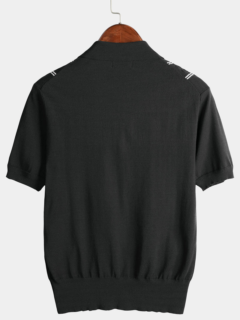 Men's Knit Casual Vintage Short Sleeve Striped Golf Polo Shirt