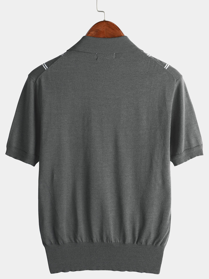 Men's Knit Casual Vintage Short Sleeve Striped Golf Polo Shirt