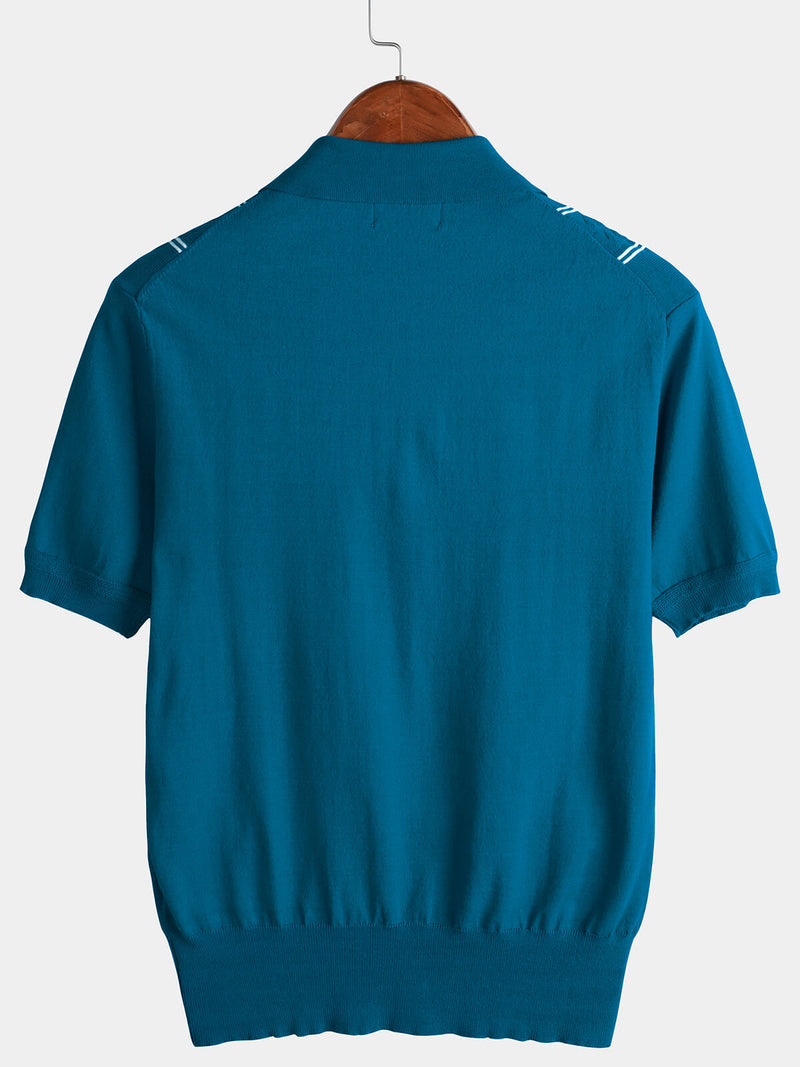Men's Knit Casual Vintage Short Sleeve Striped Golf Polo Shirt