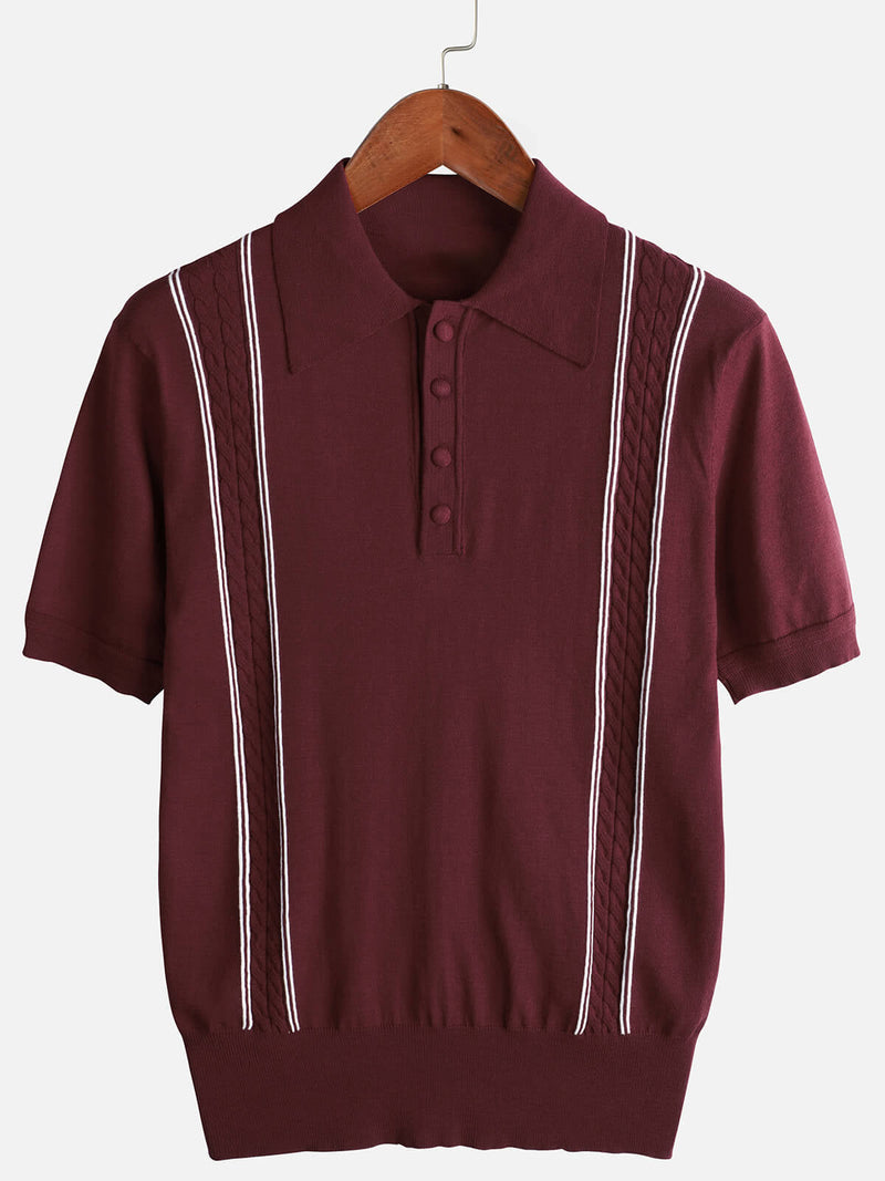 Men's Casual Vintage Knit Short Sleeve Striped Golf Polo Shirt