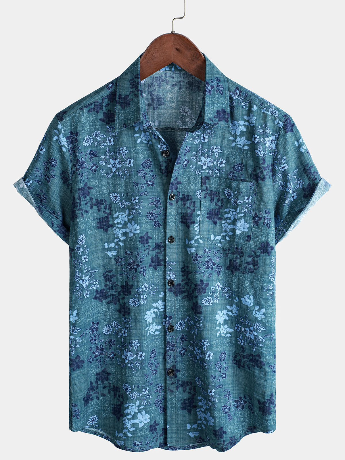 Men's Blue Floral Holiday Casual Pocket Short Sleeve Retro Shirt