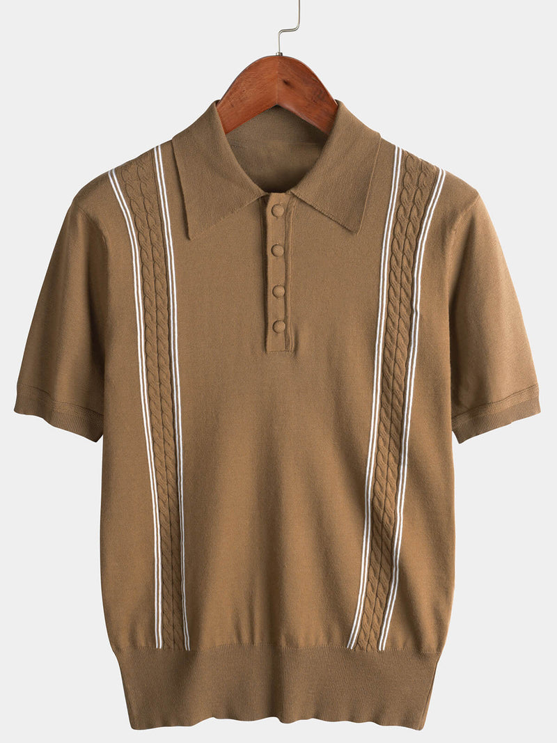 Men's Casual Vintage Knit Short Sleeve Striped Golf Polo Shirt