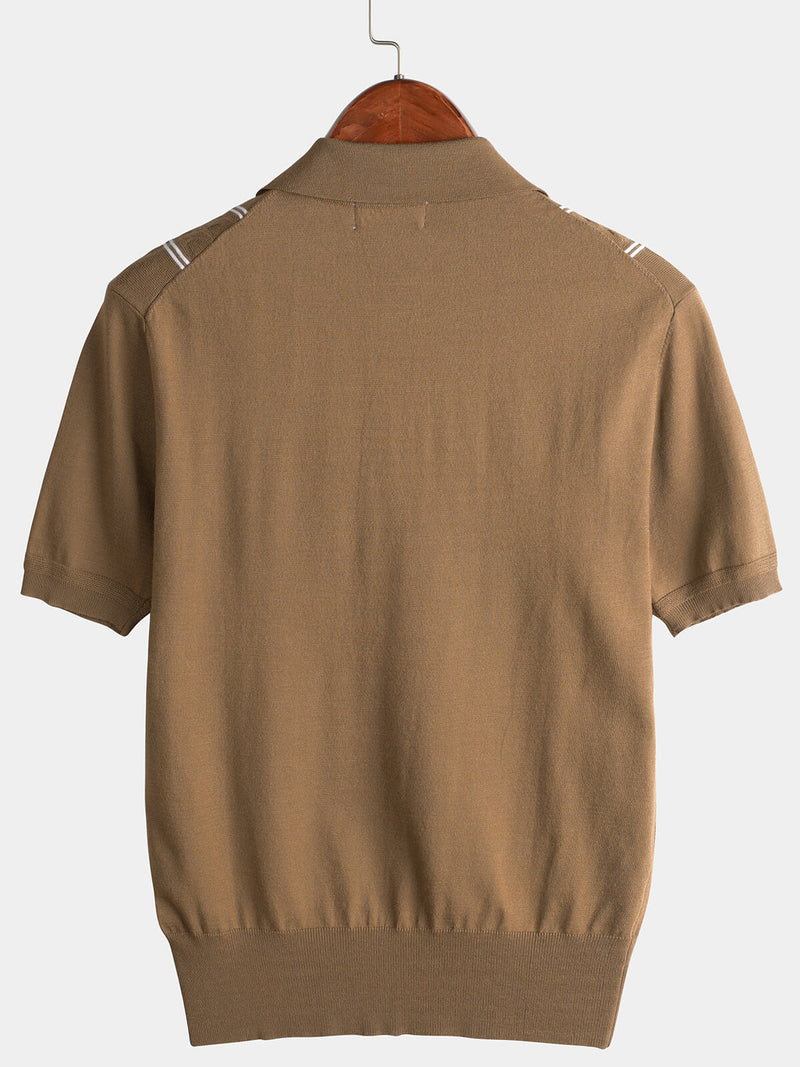 Men's Casual Vintage Knit Short Sleeve Striped Golf Polo Shirt