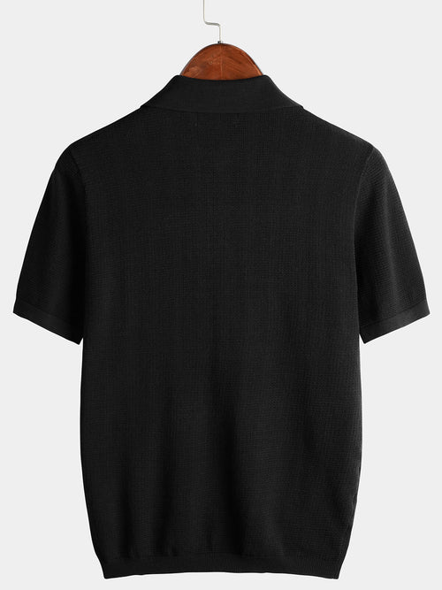 Men's Knit Casual Pocket Classic Ribbed Short Sleeve Golf Polo Shirt