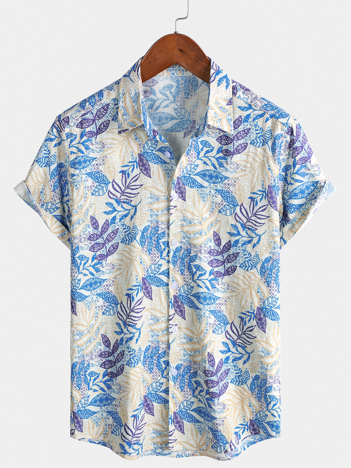 Men's Tropical Leaf Print Boho Vacation Short Sleeve Shirt