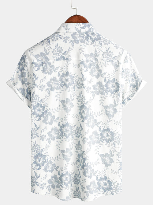 Men's Vintage Floral Print Flower Holiday Cotton Linen Breathable Short Sleeve Button Up White Hawaiian Summer Shirt