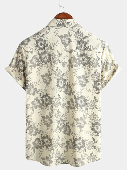 Men's Cotton Linen Vintage Floral Print Breathable Beach Short Sleeve Button Up Beige Hawaiian Shirt