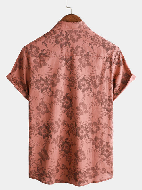 Men's Vacation Vintage Floral Print Cotton Linen Breathable Beach Short Sleeve Button Up Red Boho Shirt