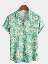 Men's Green Retro Beach Daisy Hawaiian Cotton Holiday Button Up Short Sleeve Floral Shirt