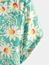 Men's Green Retro Beach Daisy Hawaiian Cotton Holiday Button Up Short Sleeve Floral Shirt