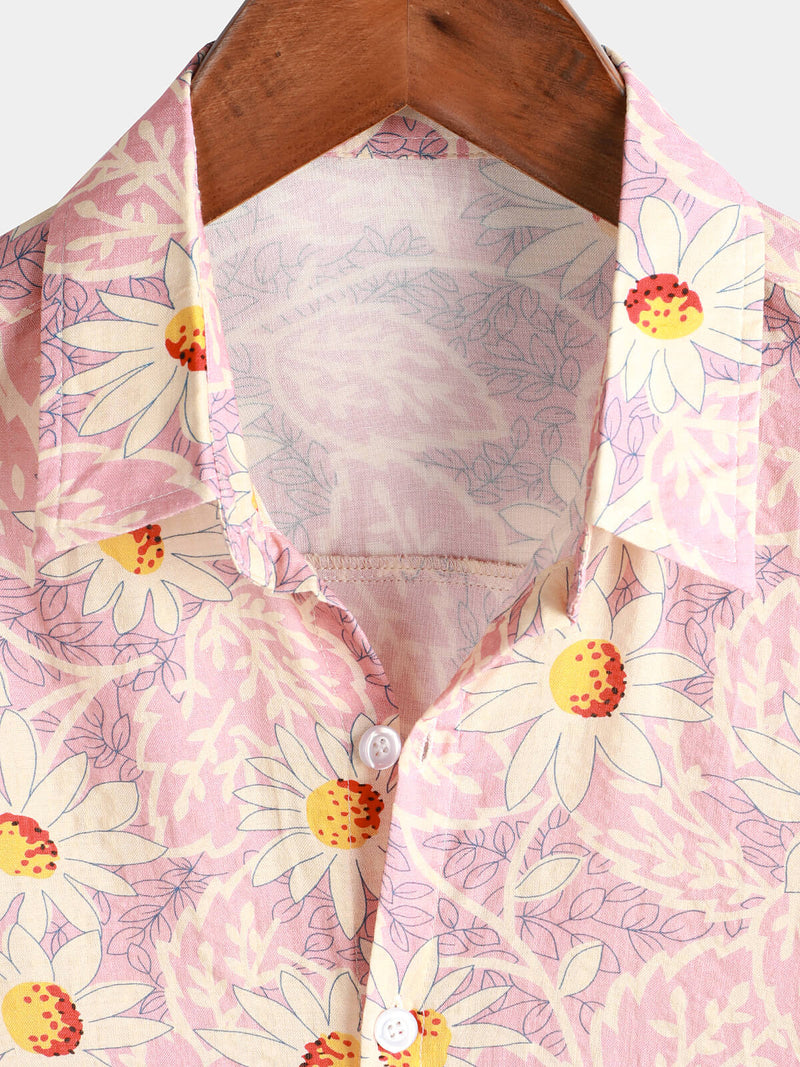 Men's Pink Floral Cute Daisy Flower Retro Beach Hawaiian Cotton Holiday Button Up Short Sleeve Shirt