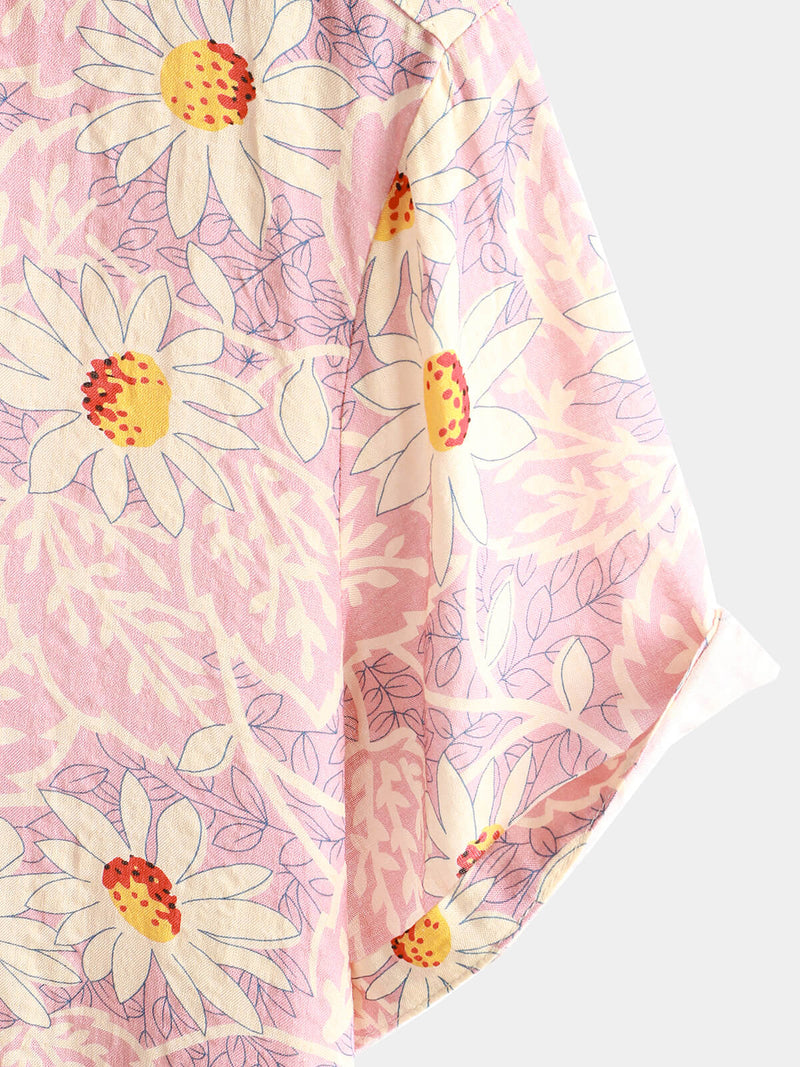 Men's Pink Floral Cute Daisy Flower Retro Beach Hawaiian Cotton Holiday Button Up Short Sleeve Shirt