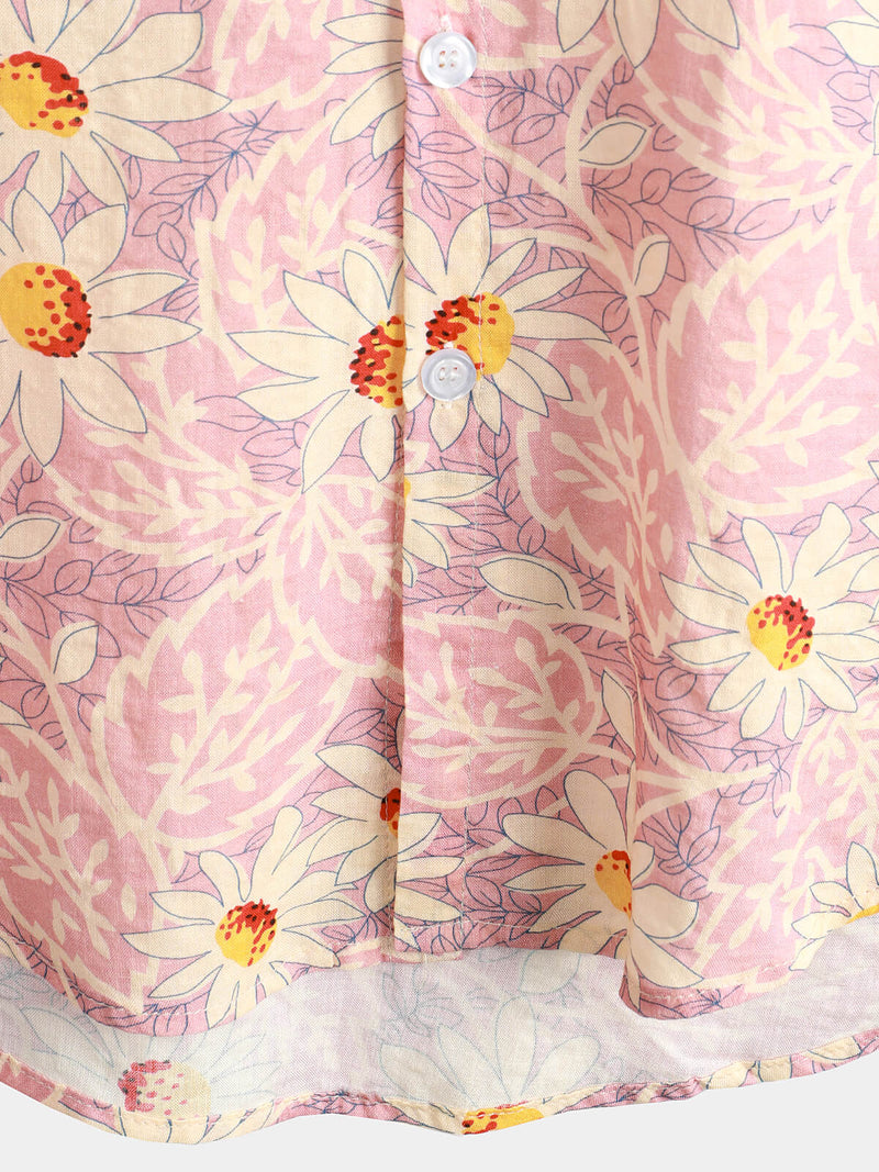 Men's Pink Floral Cute Daisy Flower Retro Beach Hawaiian Cotton Holiday Button Up Short Sleeve Shirt