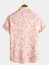 Men's Pink Floral Cute Daisy Flower Retro Beach Hawaiian Cotton Holiday Button Up Short Sleeve Shirt