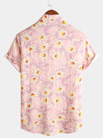 Men's Pink Floral Cute Daisy Flower Retro Beach Hawaiian Cotton Holiday Button Up Short Sleeve Shirt