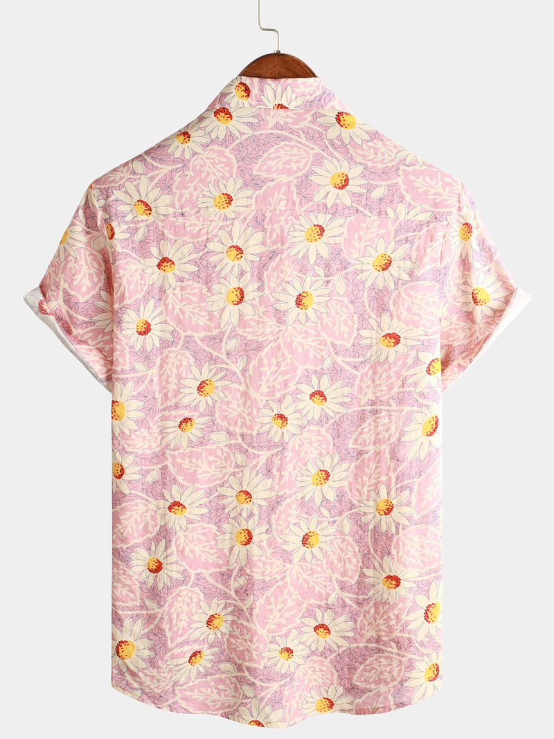 Men's Pink Floral Cute Daisy Flower Retro Beach Hawaiian Cotton Holiday Button Up Short Sleeve Shirt