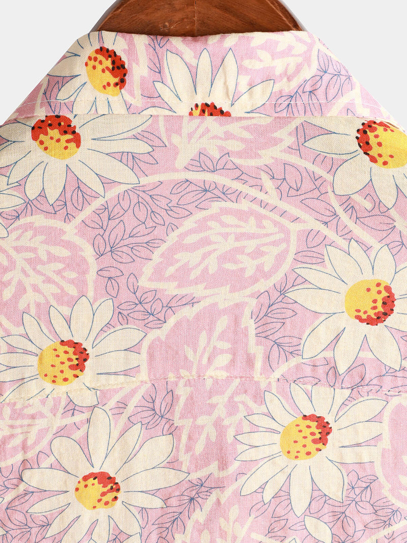 Men's Pink Floral Cute Daisy Flower Retro Beach Hawaiian Cotton Holiday Button Up Short Sleeve Shirt
