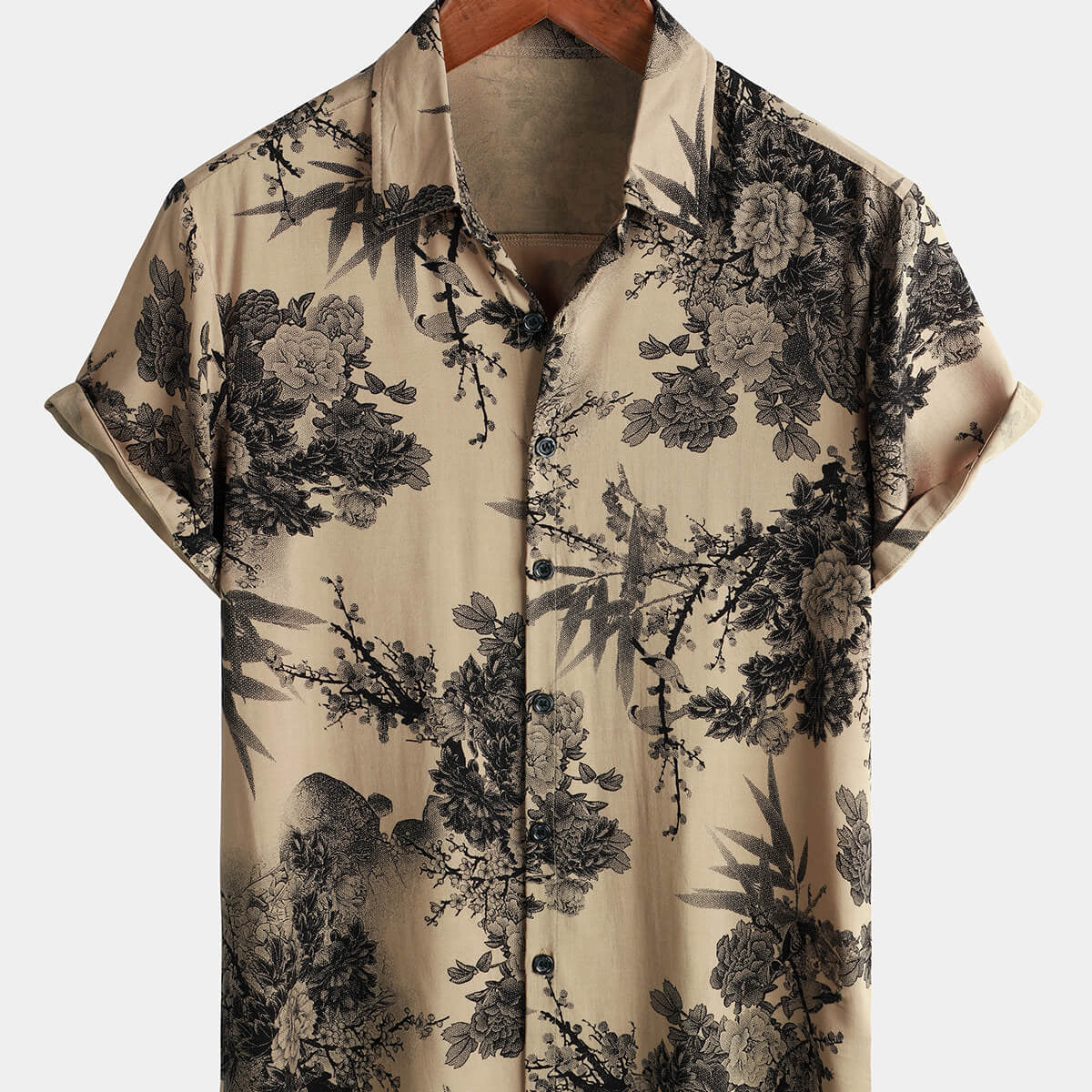 Men's Bamboo Floral VIntage Summer Hawaiian Rayon Holiday Button Up Short Sleeve Shirt