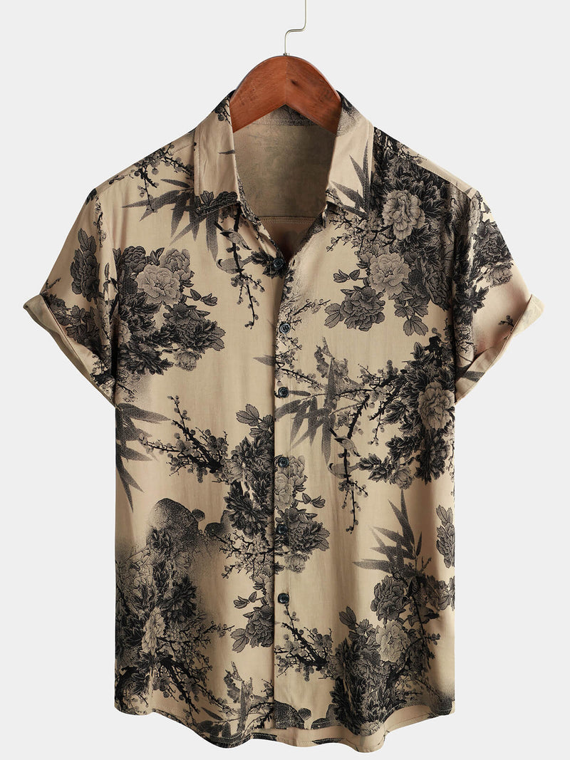 Men's Bamboo Floral VIntage Summer Hawaiian Rayon Holiday Button Up Short Sleeve Shirt