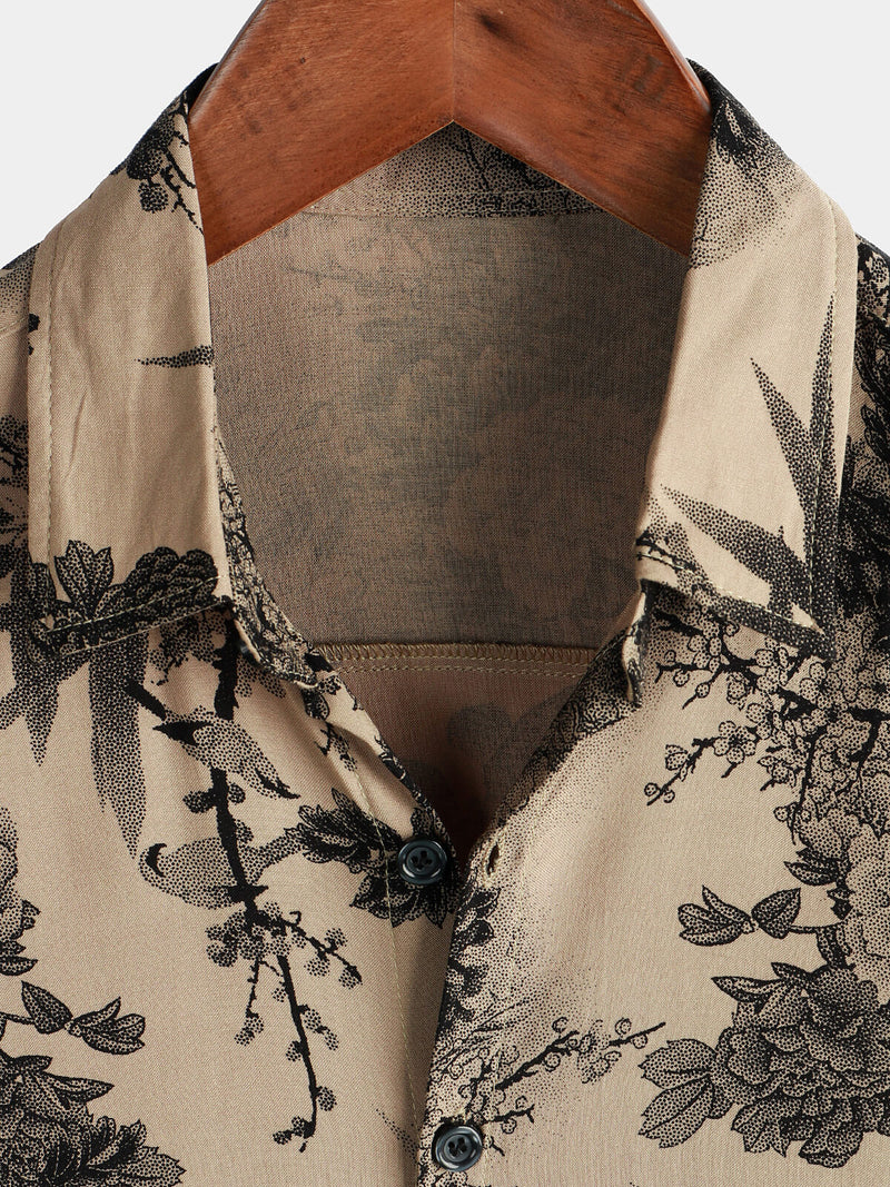 Men's Bamboo Floral VIntage Summer Hawaiian Rayon Holiday Button Up Short Sleeve Shirt