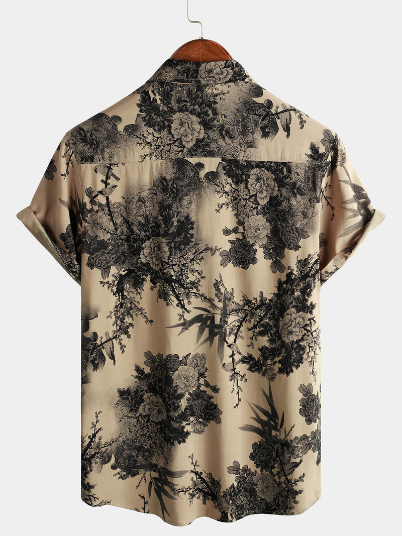 Men's Bamboo Floral VIntage Summer Hawaiian Rayon Holiday Button Up Short Sleeve Shirt