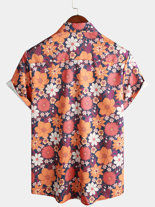 Men's Cool Floral Vintage Flower Button Up 70s Themed Disco Party Short Sleeve Summer Shirt