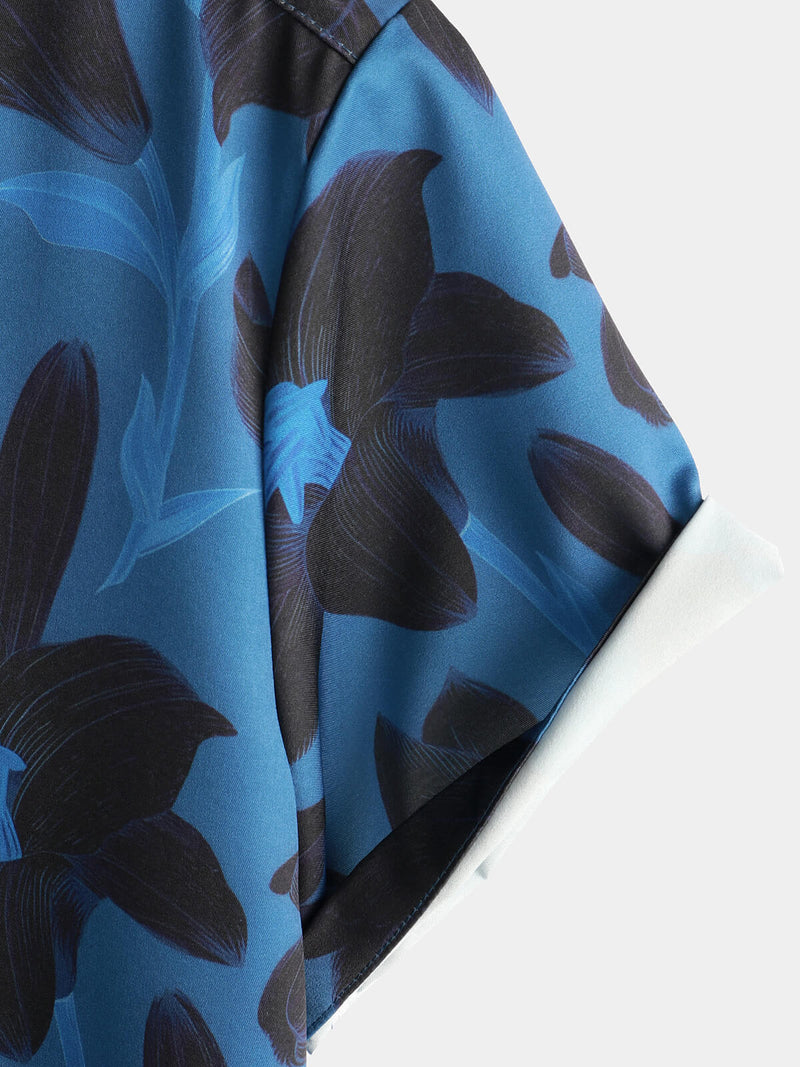 Men's Blue Floral Summer Button Up Vacation Short Sleeve Summer Shirt