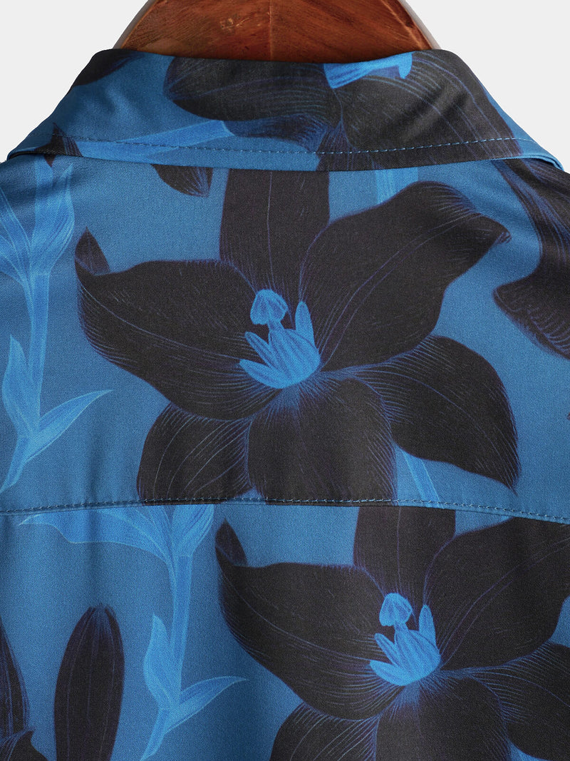Men's Blue Floral Summer Button Up Vacation Short Sleeve Summer Shirt