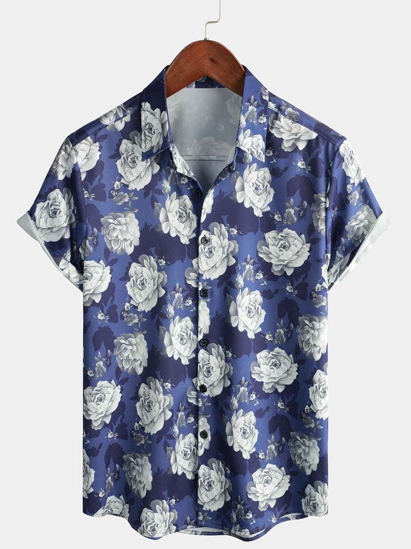 Men's Rose Blue Floral Beach Summer Button Up Vacation Short Sleeve Summer Shirt