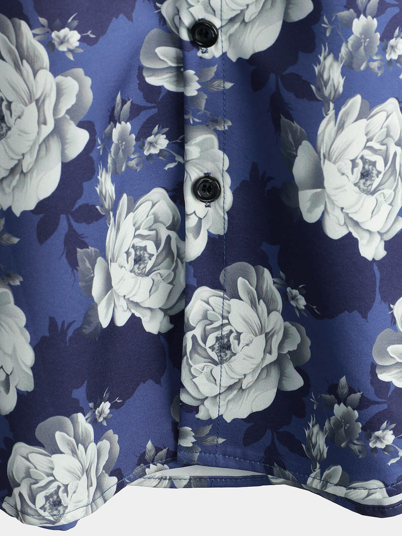 Men's Rose Blue Floral Beach Summer Button Up Vacation Short Sleeve Summer Shirt