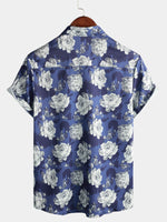 Men's Rose Blue Floral Beach Summer Button Up Vacation Short Sleeve Summer Shirt