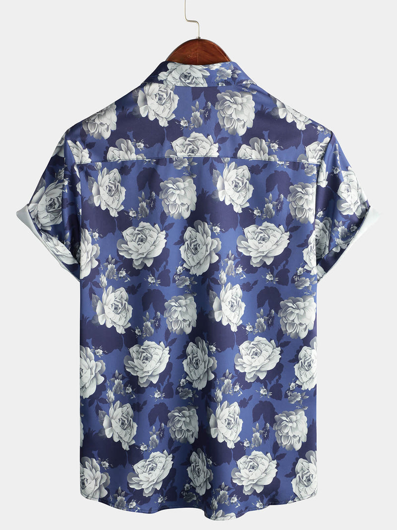 Men's Rose Blue Floral Beach Summer Button Up Vacation Short Sleeve Summer Shirt