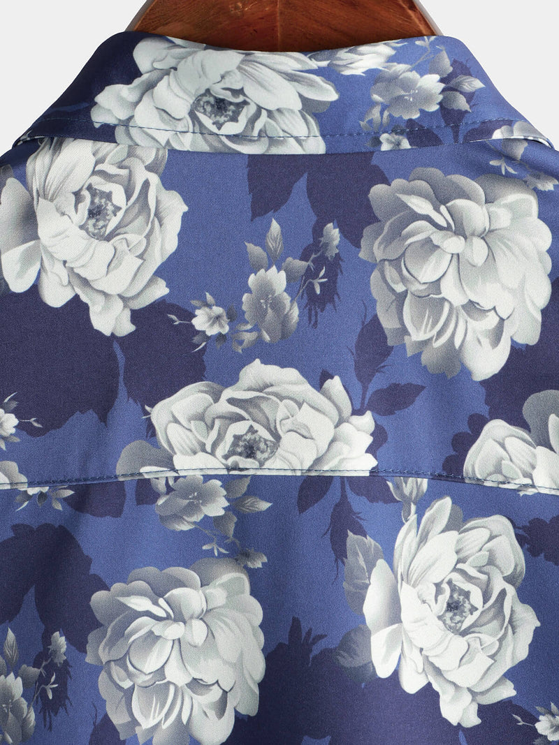 Men's Rose Blue Floral Beach Summer Button Up Vacation Short Sleeve Summer Shirt