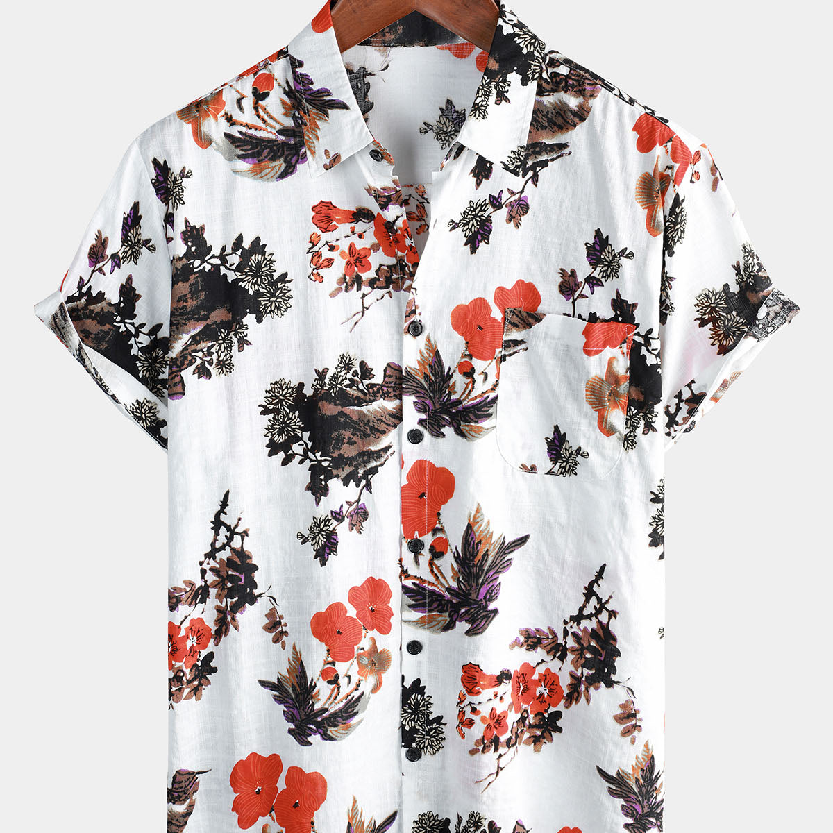Men's Cotton Pocket Casual Floral Print Button Beach Summer Short Sleeve Shirt