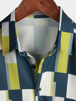 Men's Plaid Casual Art Geometric Print Short Sleeve Summer Beach Button Up Shirt