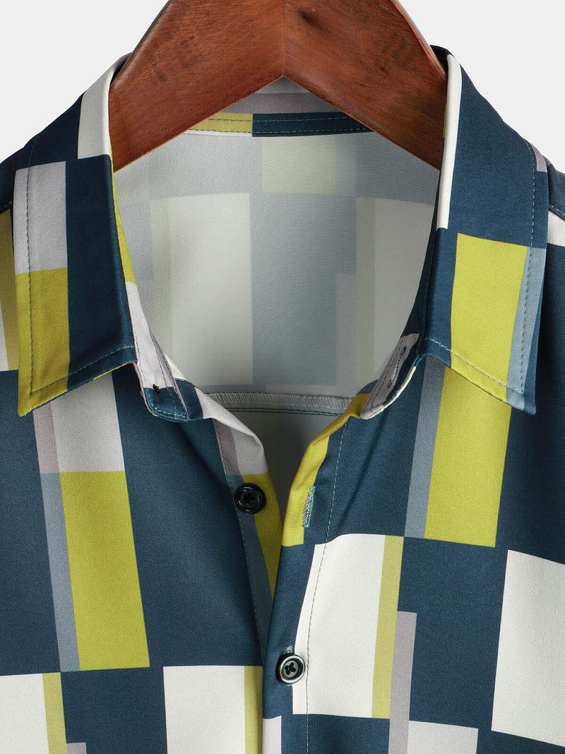 Men's Plaid Casual Art Geometric Print Short Sleeve Summer Beach Button Up Shirt