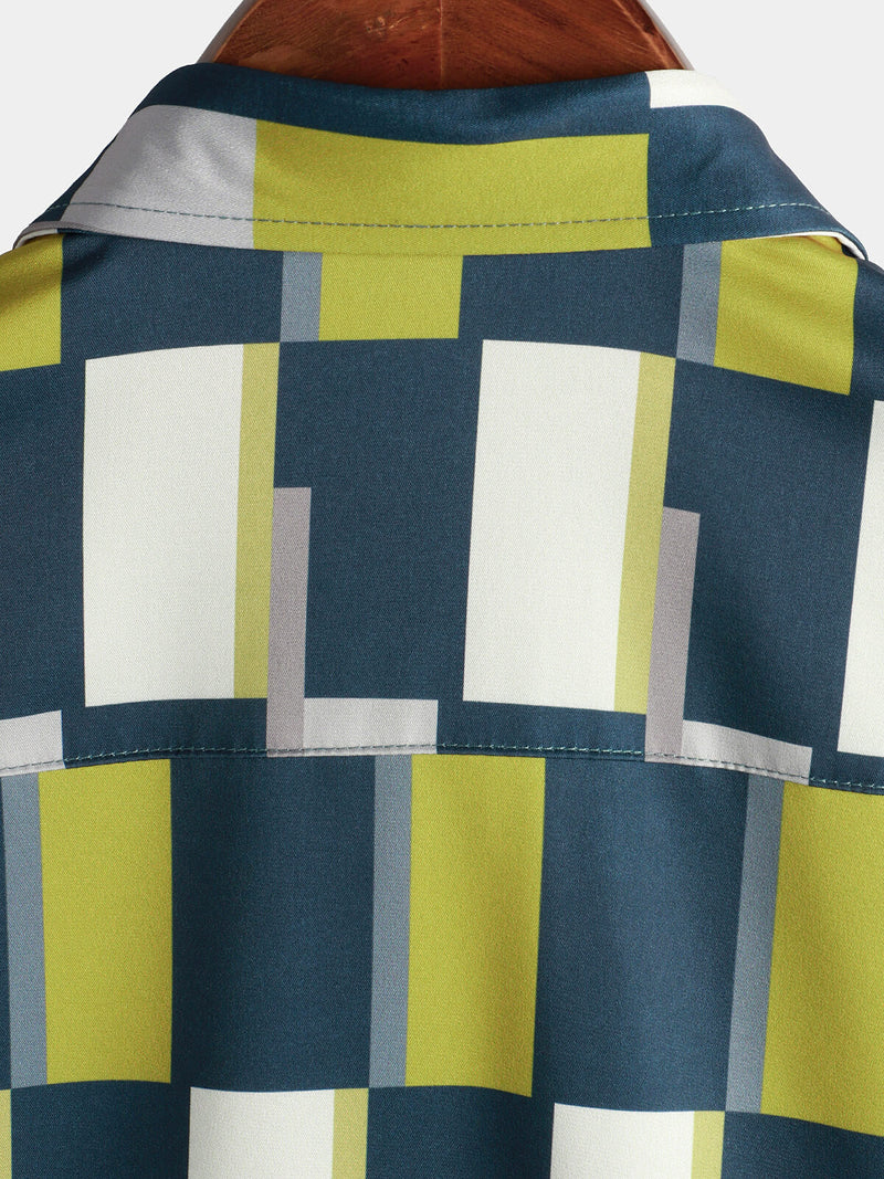 Men's Plaid Casual Art Geometric Print Short Sleeve Summer Beach Button Up Shirt