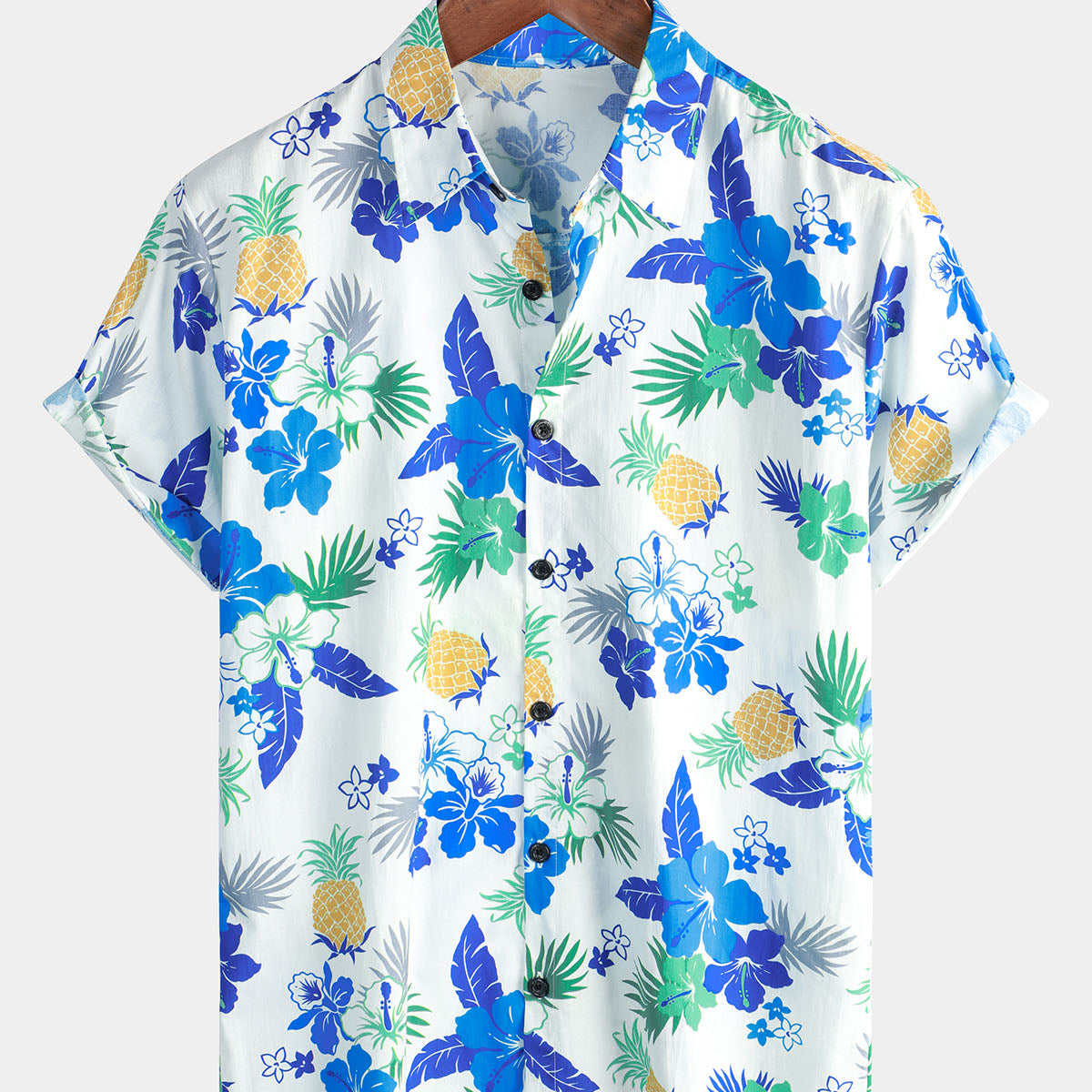 Men's Pineapple Floral Cotton Fruit Tropical Button Up Short Sleeve Beach Blue Hawaiian Shirt