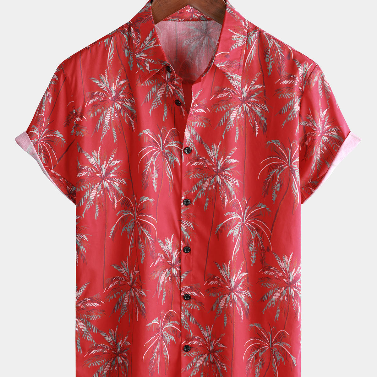 Men's Cotton Red Hawaiian Tropical Palm Casual Beach Summer Plant Vacation Short Sleeve Shirt