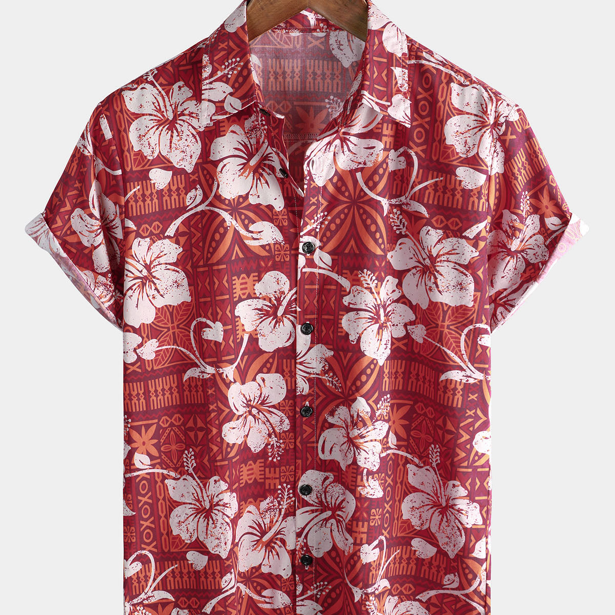 Men's Red Hawaiian Vintage Floral Hibiscus Print Summer Beach Holiday Button Up Shirt