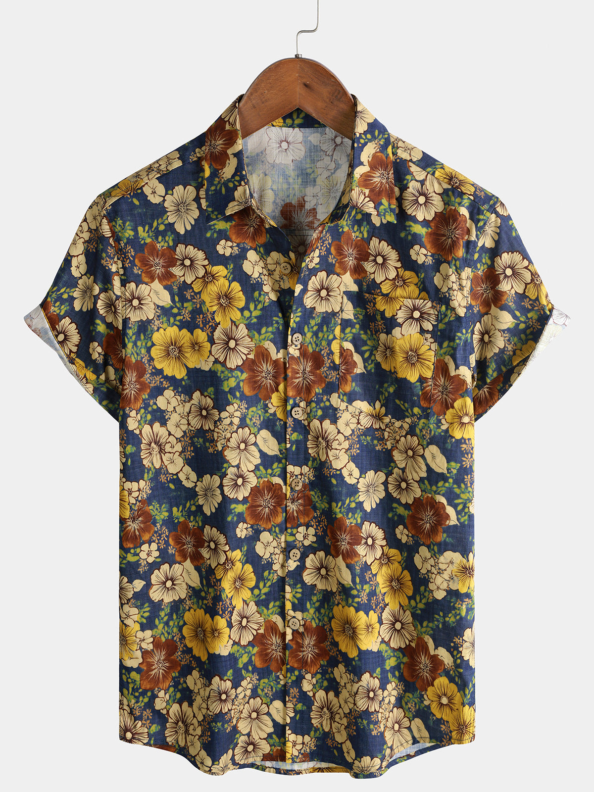 Men’s Summer Beach Vintage Navy Blossom Cotton Casual Breathable Short Sleeve Shirt