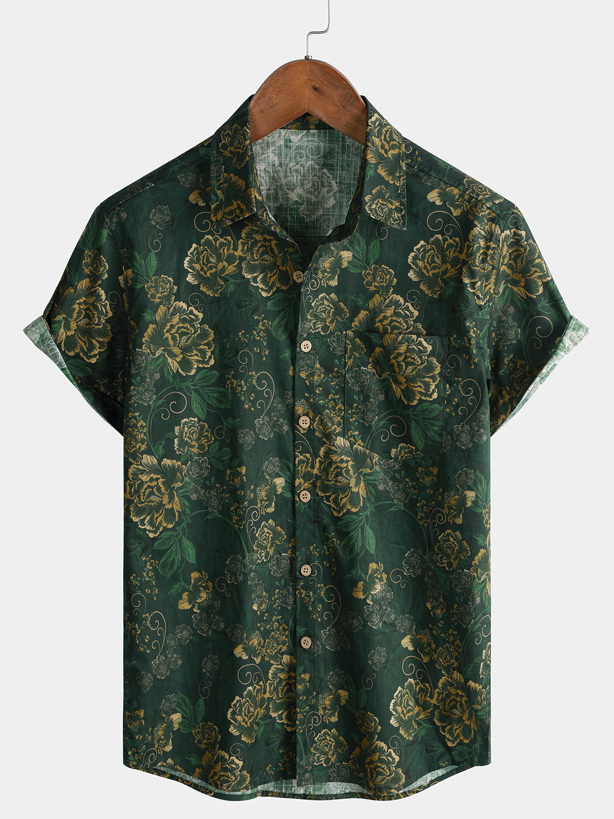 Men’s Vintage Holiday Breathable Dark Green Gold Botanical Cotton Short Sleeve Shirt