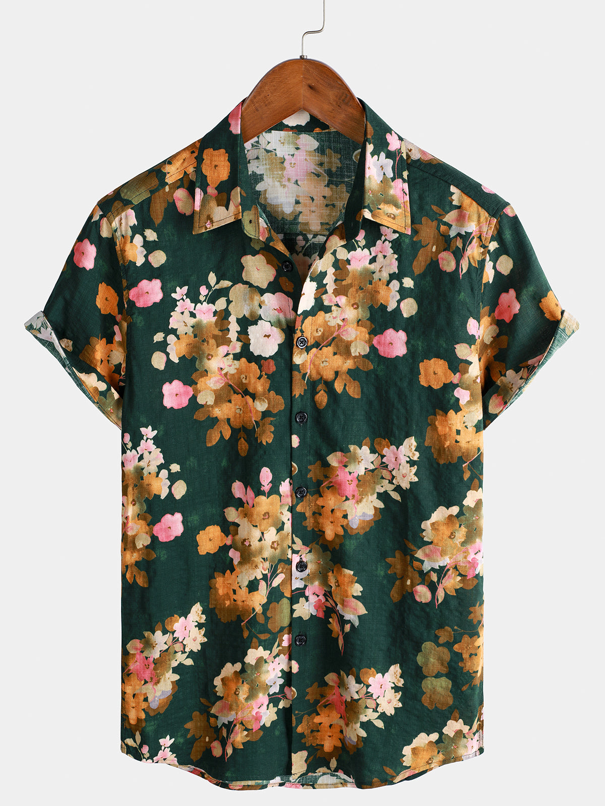 Men's Green Floral Casual Cotton Short Sleeve Beach Shirt