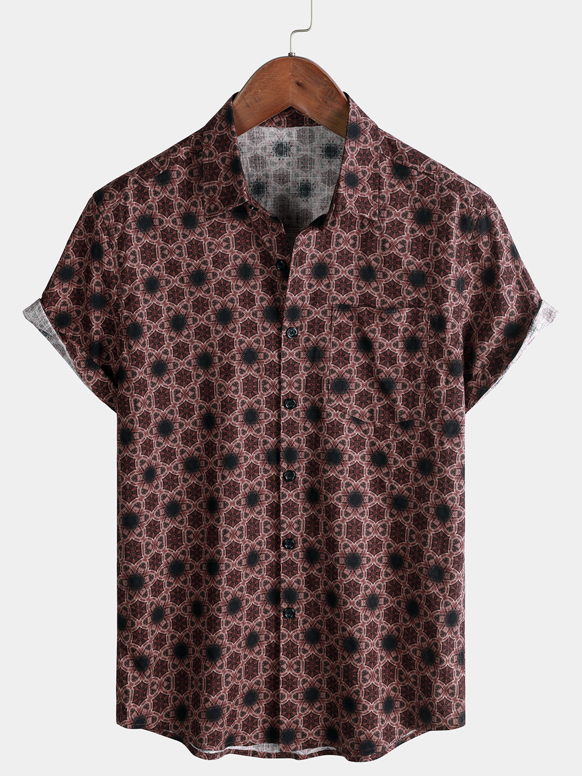 Men’s Summer Beach Vintage Wine Red Geometric Cotton Casual Breathable Short Sleeve Shirt