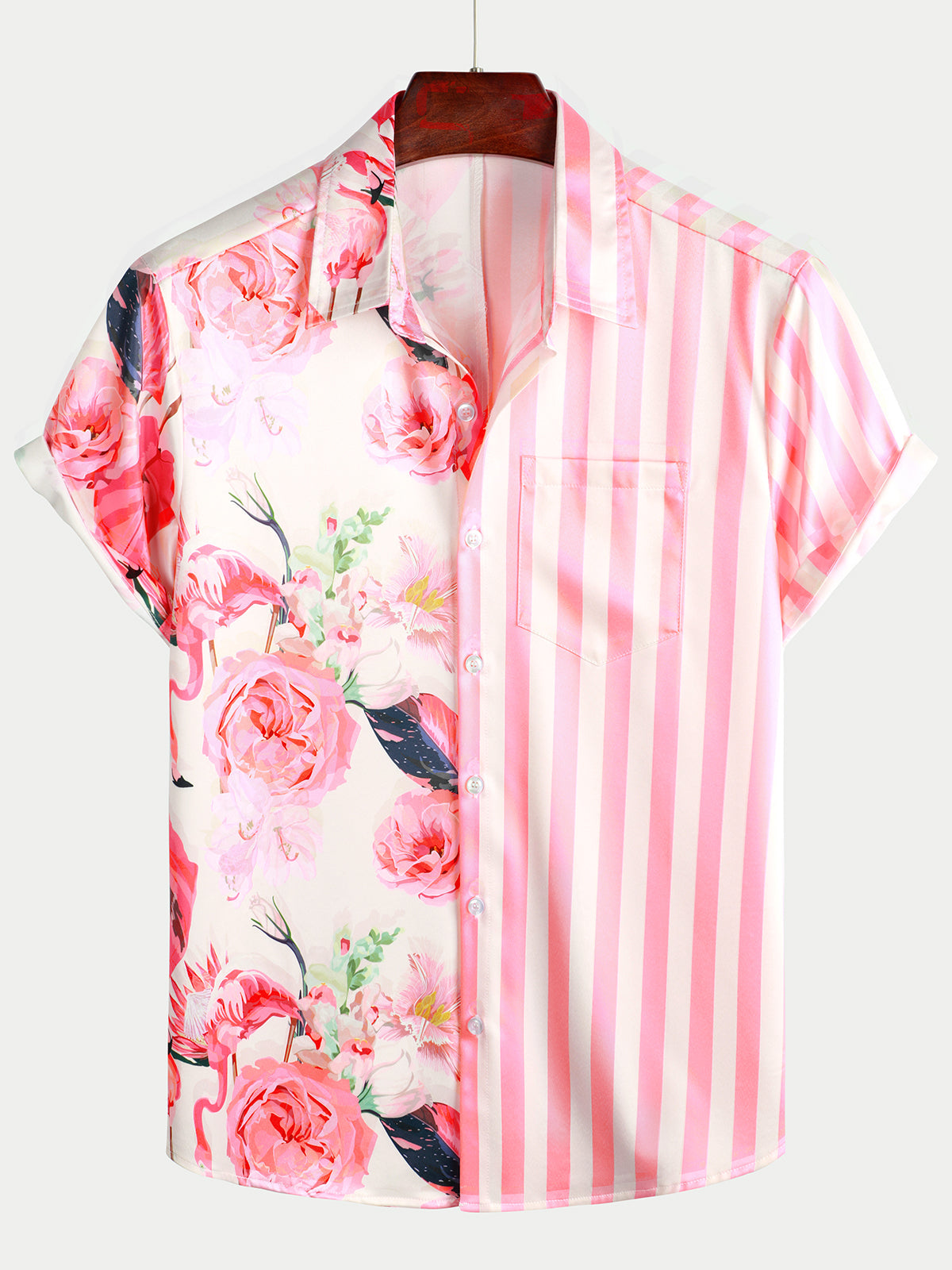 Men's Tropical Flamingo Pink Striped Print Pocket Hawaiian Short Sleeve Shirt